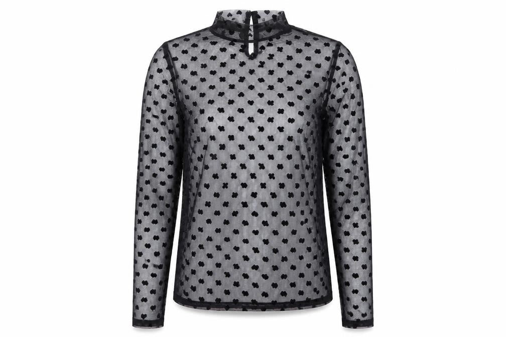 V By Very Womens Black Geometric Polyester Basic T-Shirt Size 8 Mock Neck - Heart Pattern