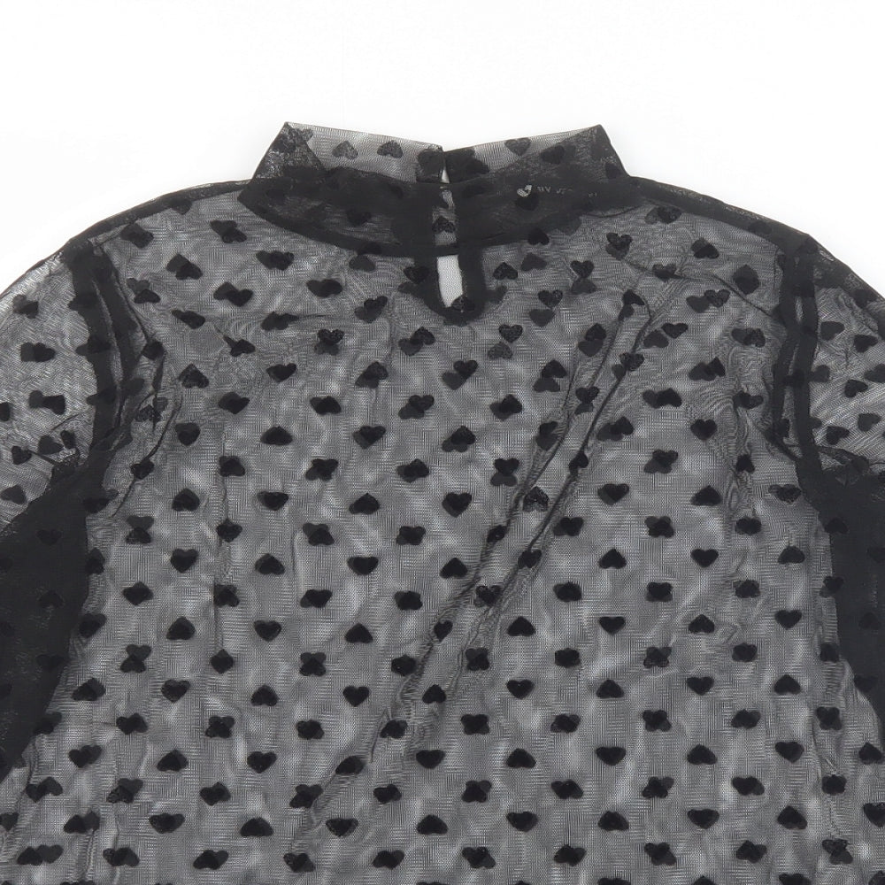 V By Very Womens Black Geometric Polyester Basic T-Shirt Size 8 Mock Neck - Heart Pattern