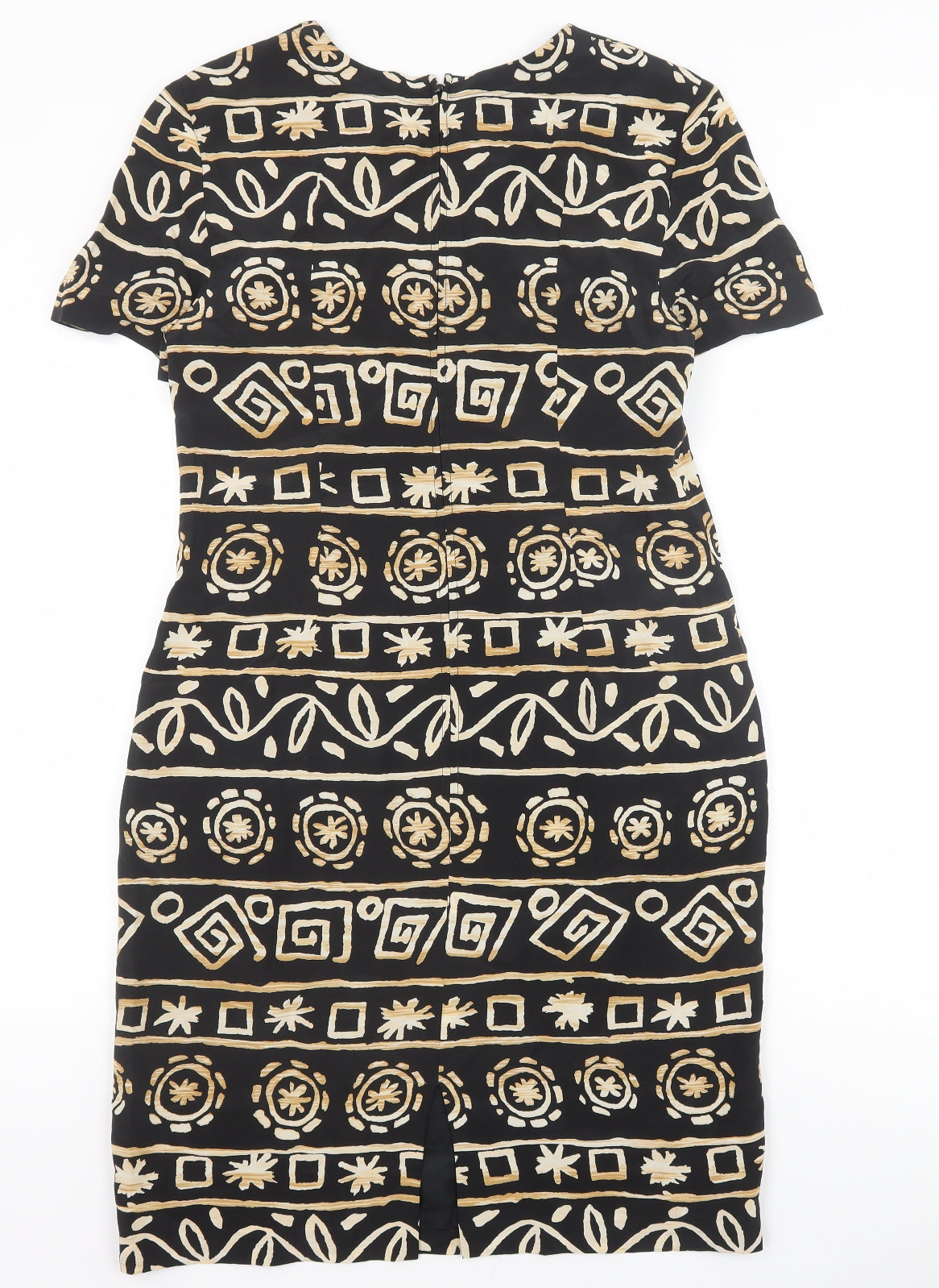 Maggy London Womens Black Geometric Silk A-Line Size 8 Round Neck Zip