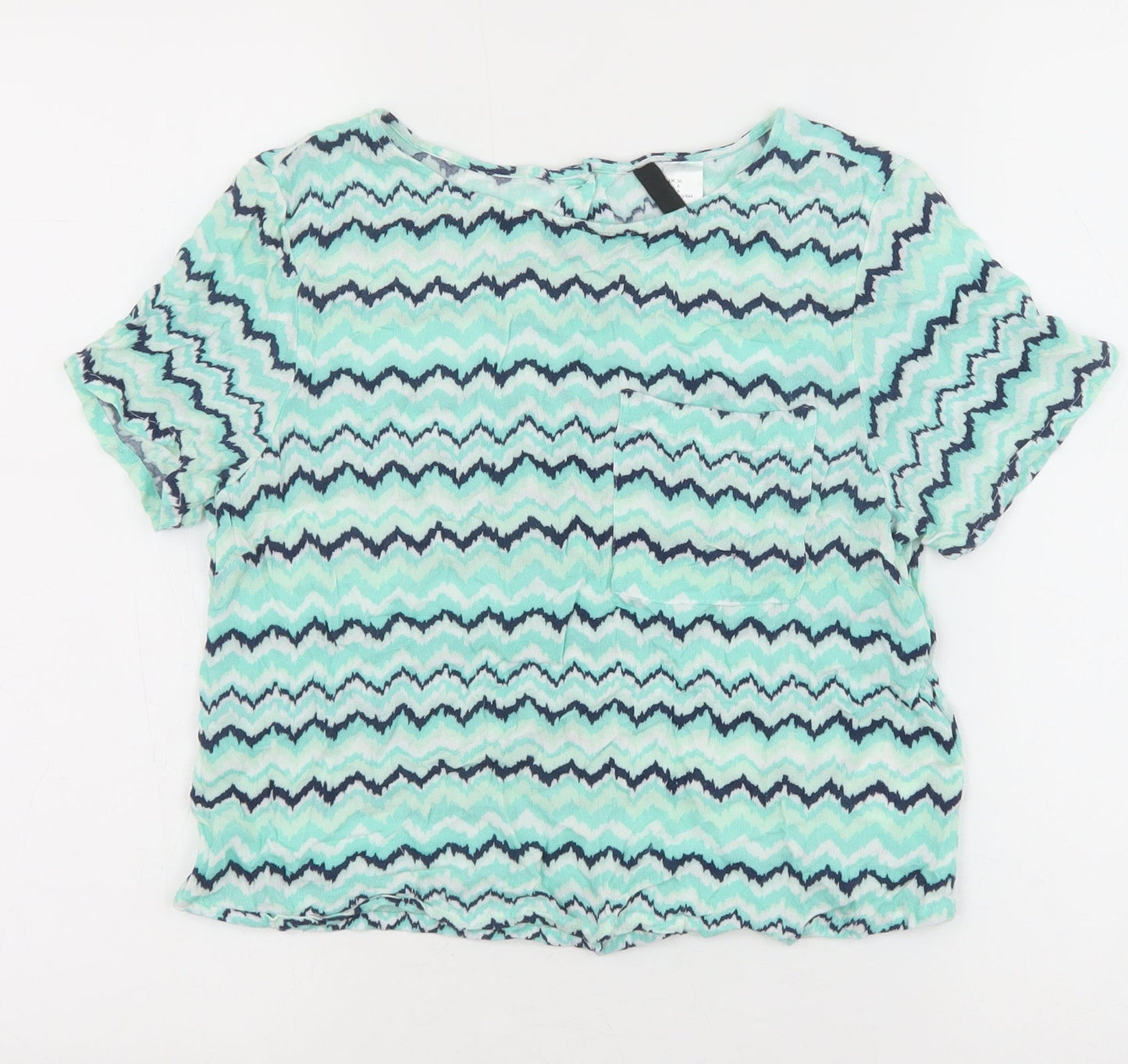 H&M Womens Green Geometric Viscose Basic T-Shirt Size 10 Boat Neck