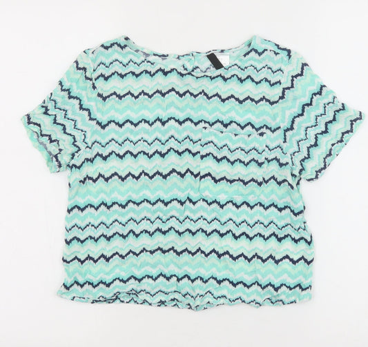 H&M Womens Green Geometric Viscose Basic T-Shirt Size 10 Boat Neck