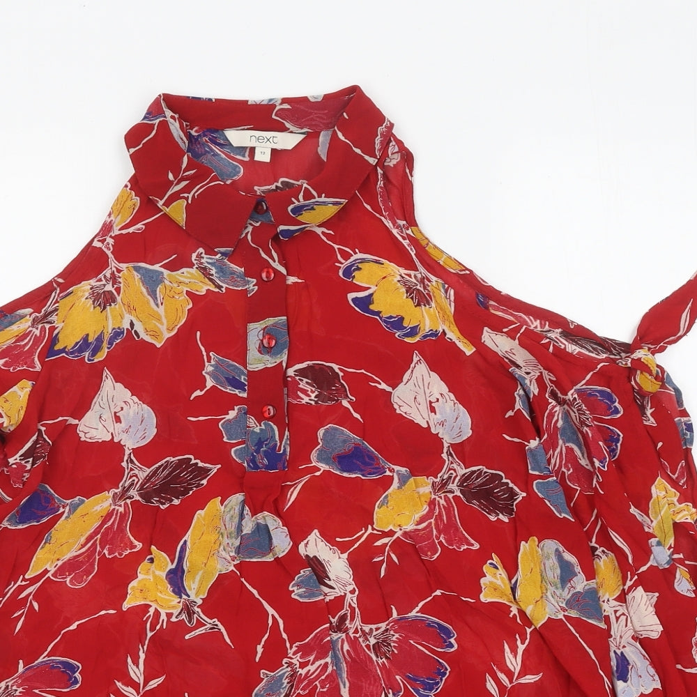 NEXT Womens Red Geometric Viscose Basic Blouse Size 12 Collared - Cut Out