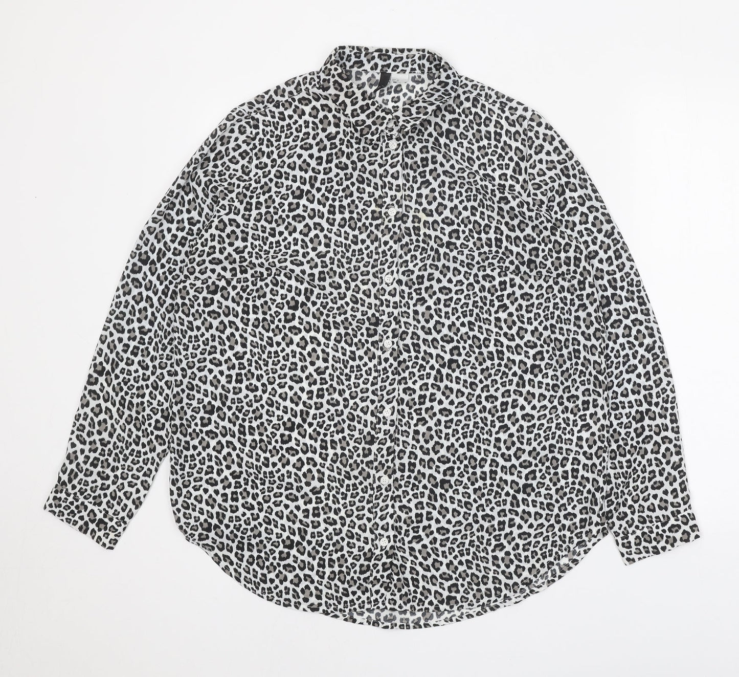 H&M Womens White Animal Print Polyester Basic Button-Up Size M Collared - Leopard print