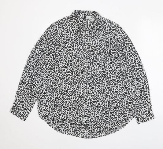 H&M Womens White Animal Print Polyester Basic Button-Up Size M Collared - Leopard print