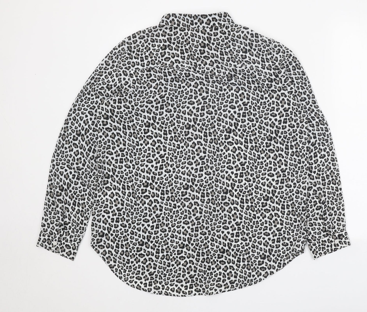 H&M Womens White Animal Print Polyester Basic Button-Up Size M Collared - Leopard print