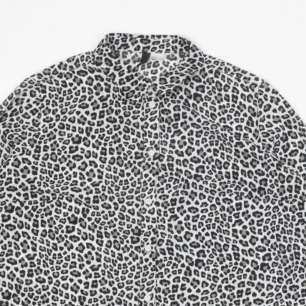 H&M Womens White Animal Print Polyester Basic Button-Up Size M Collared - Leopard print