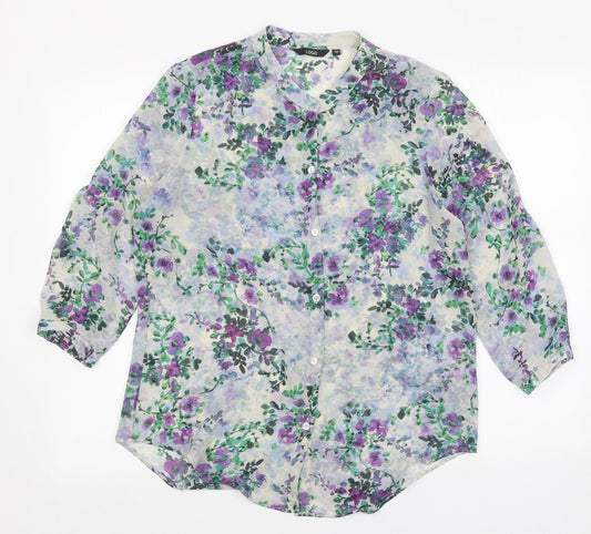 Logo Womens Beige Floral Polyester Basic Button-Up Size 12 Collared