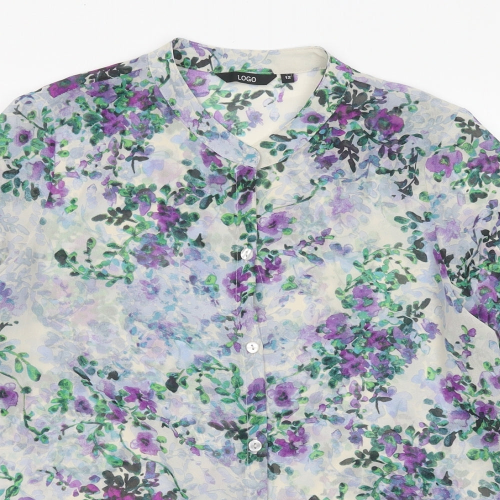 Logo Womens Beige Floral Polyester Basic Button-Up Size 12 Collared