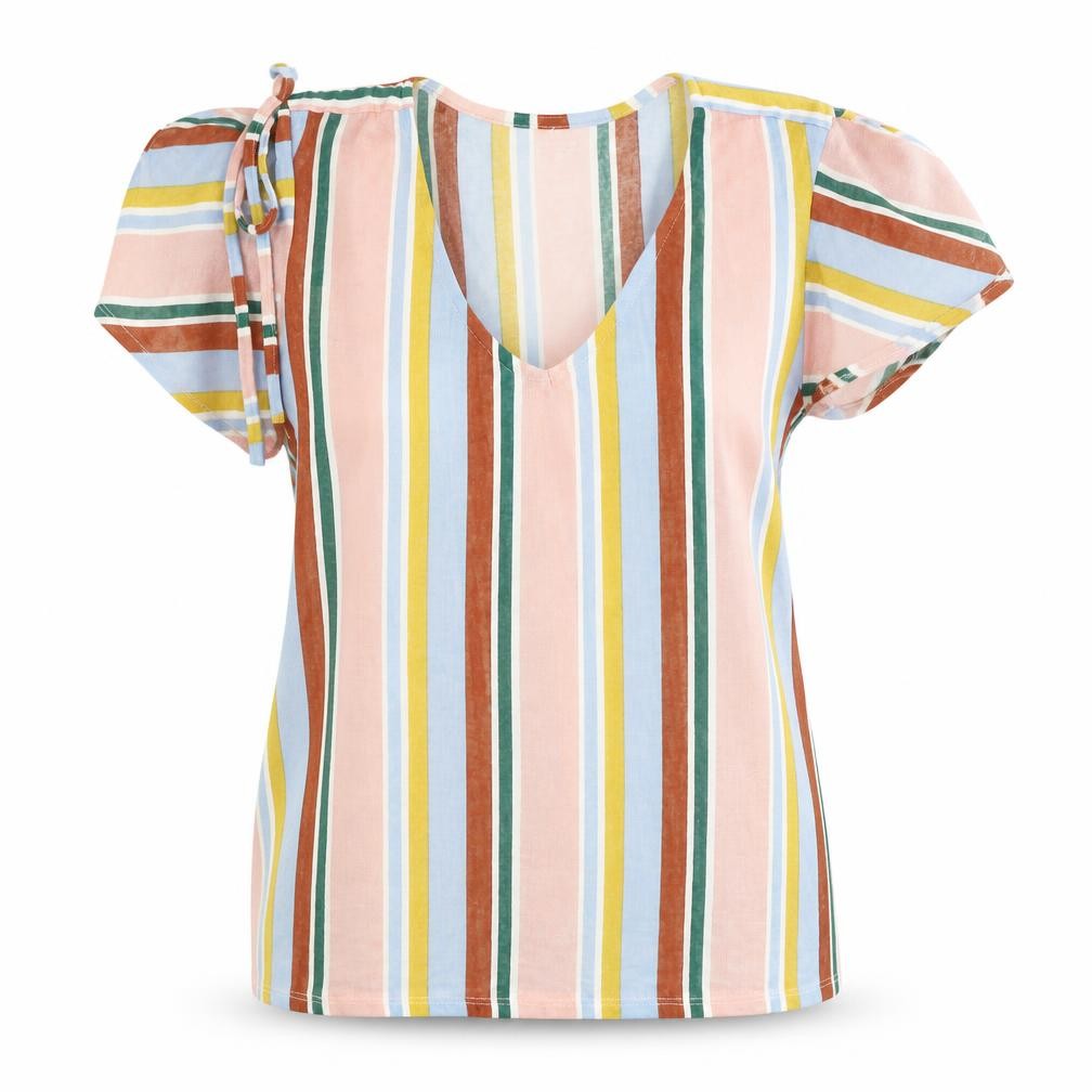 Encuentro Womens Multicoloured Striped Polyester Basic T-Shirt Size L V-Neck