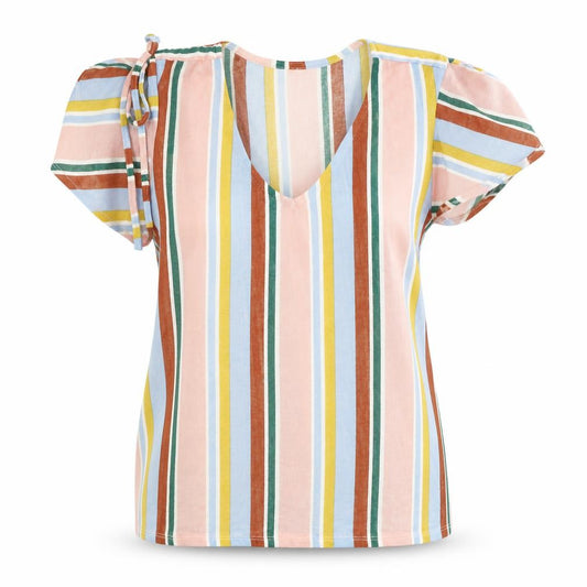 Encuentro Womens Multicoloured Striped Polyester Basic T-Shirt Size L V-Neck