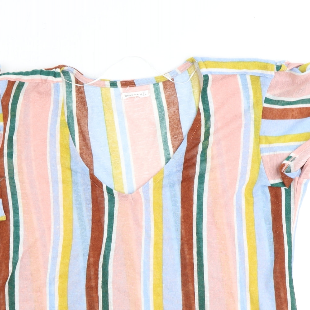 Encuentro Womens Multicoloured Striped Polyester Basic T-Shirt Size L V-Neck