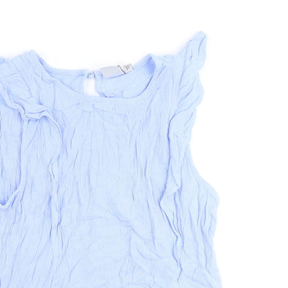 Close-up detail of ICHI women’s blue viscose basic tank, size L, round neck