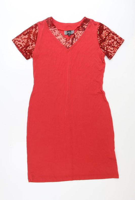 Slinky Brand Womens Red Acetate Sheath Size M V-Neck Pullover