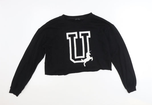 New Look Womens Black Cotton Pullover Sweatshirt Size 10 Pullover - Cropped, Unicorn