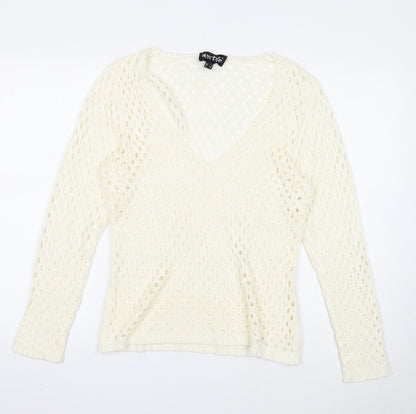Marble Womens White V-Neck Acrylic Pullover Jumper Size 4