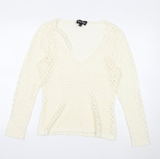 Marble Womens White V-Neck Acrylic Pullover Jumper Size 4