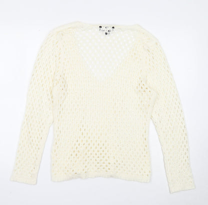 Marble Womens White V-Neck Acrylic Pullover Jumper Size 4