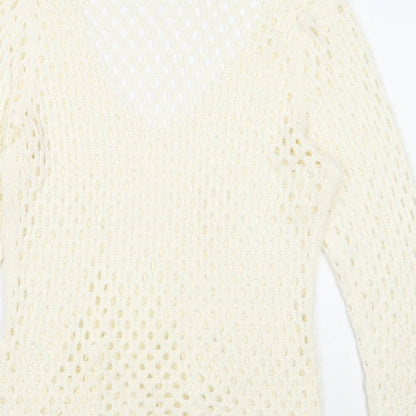 Marble Womens White V-Neck Acrylic Pullover Jumper Size 4