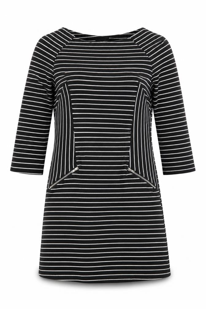Warehouse Womens Black Striped Polyester A-Line Size 10 Round Neck Zip