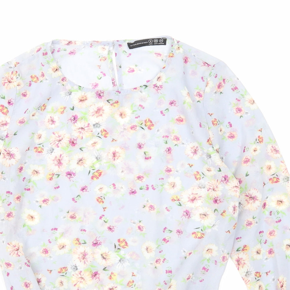 Atmosphere Womens Blue Floral Polyester Basic Blouse Size 8 Round Neck