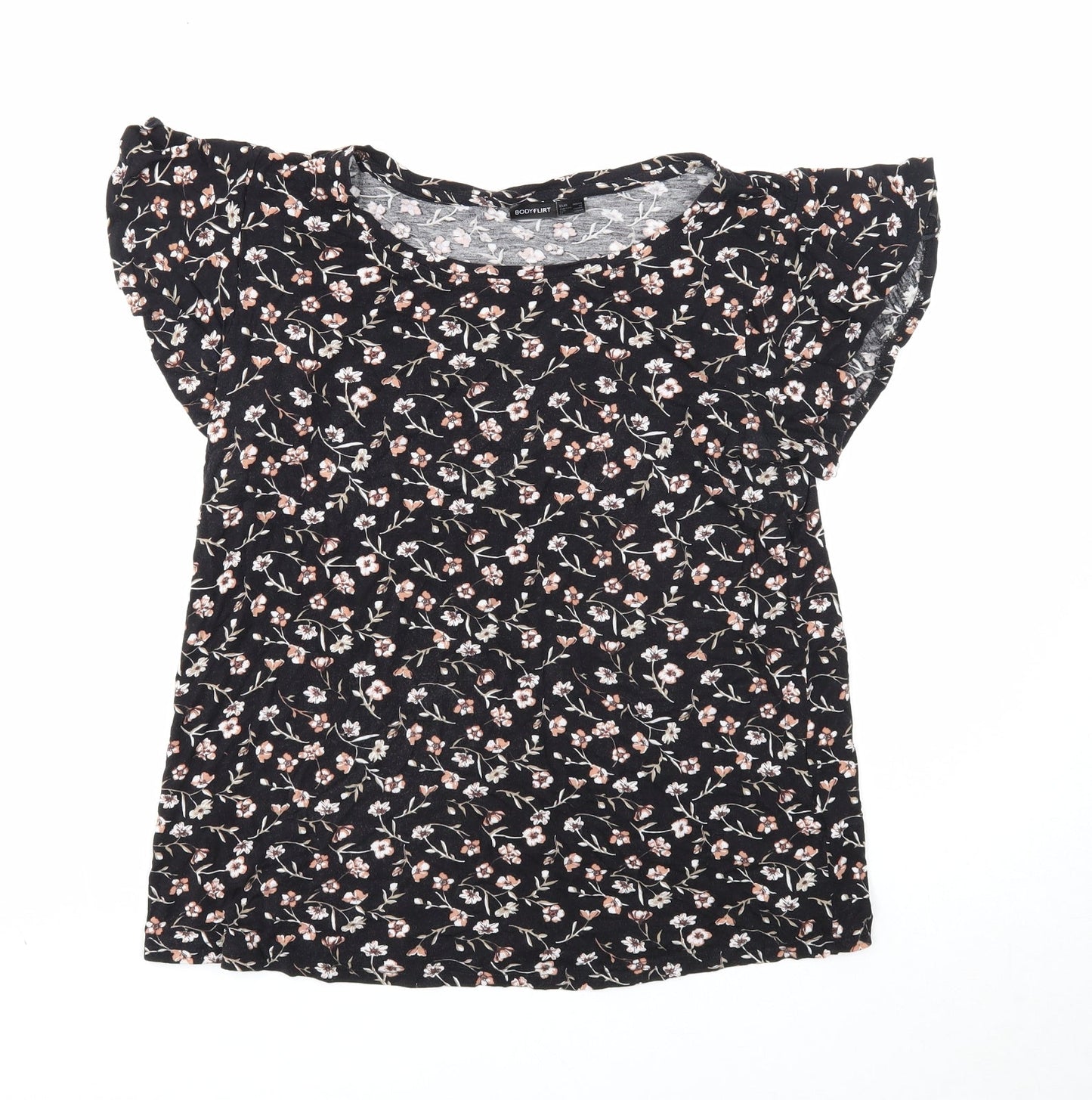 Body Flirt Womens Black Floral Viscose Basic T-Shirt Size M Round Neck