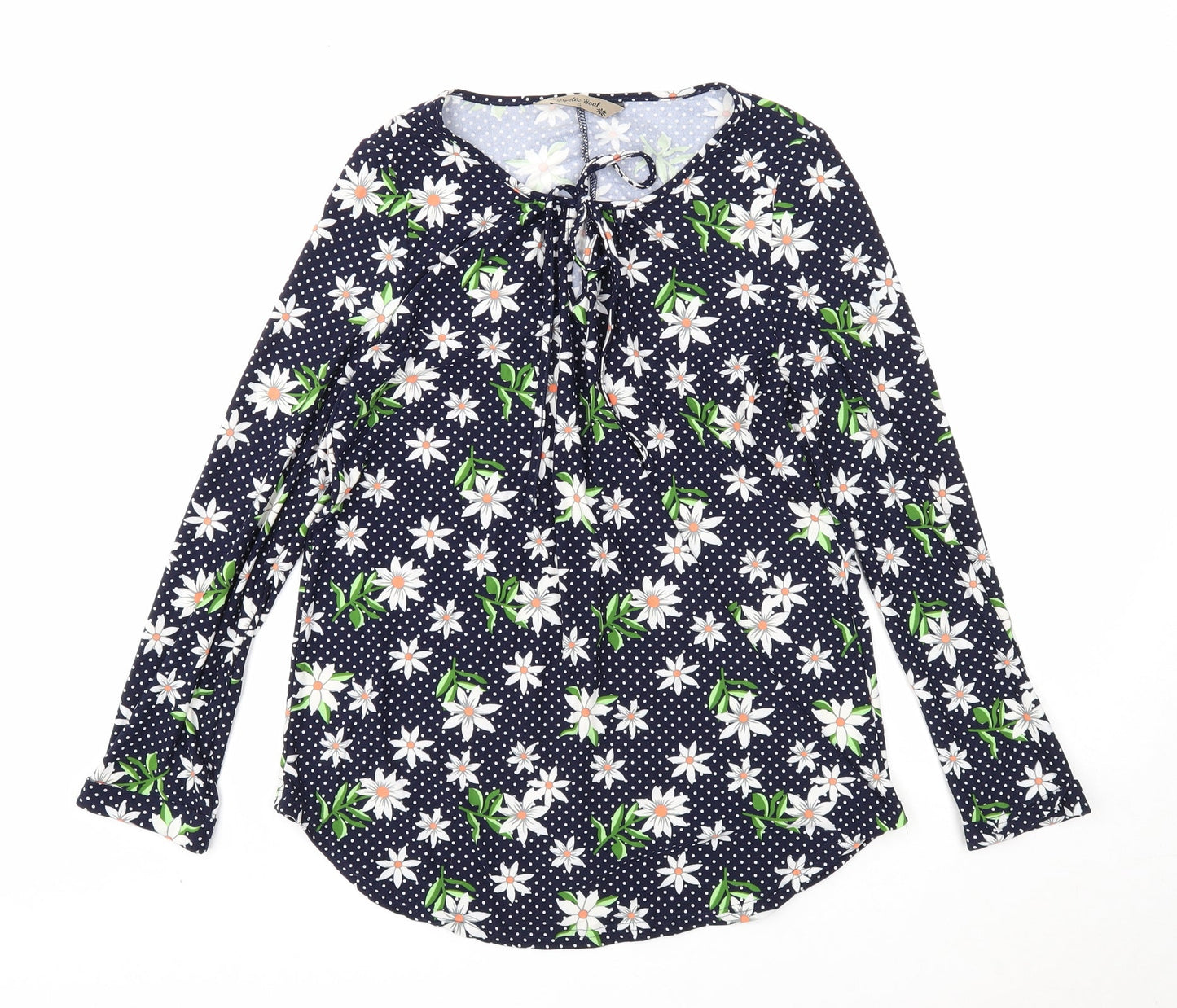 Poetic Soul Womens Blue Floral Polyester Basic Blouse Size S Scoop Neck - Tie Neck Detail