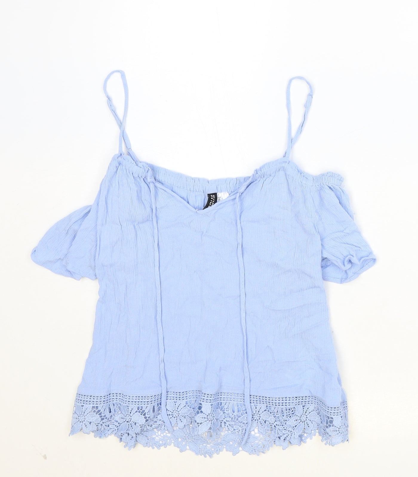 Divided Womens Blue Viscose Basic Blouse Size 10 V-Neck - Tie Neck Detail Cold Shoulder