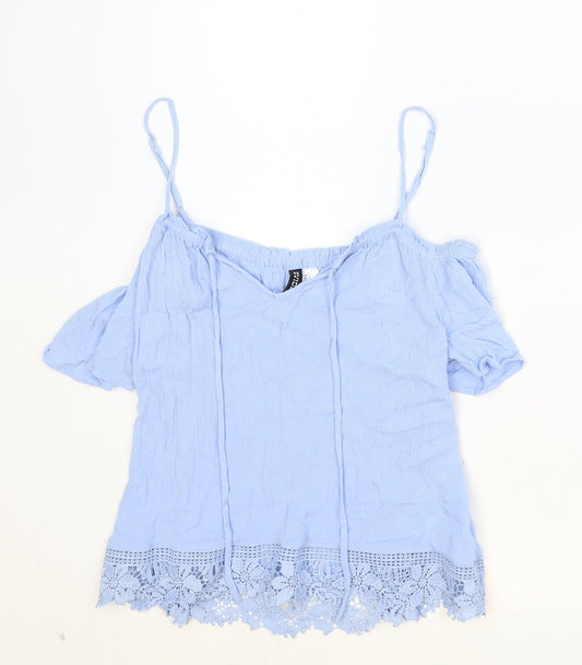 Divided Womens Blue Viscose Basic Blouse Size 10 V-Neck - Tie Neck Detail Cold Shoulder