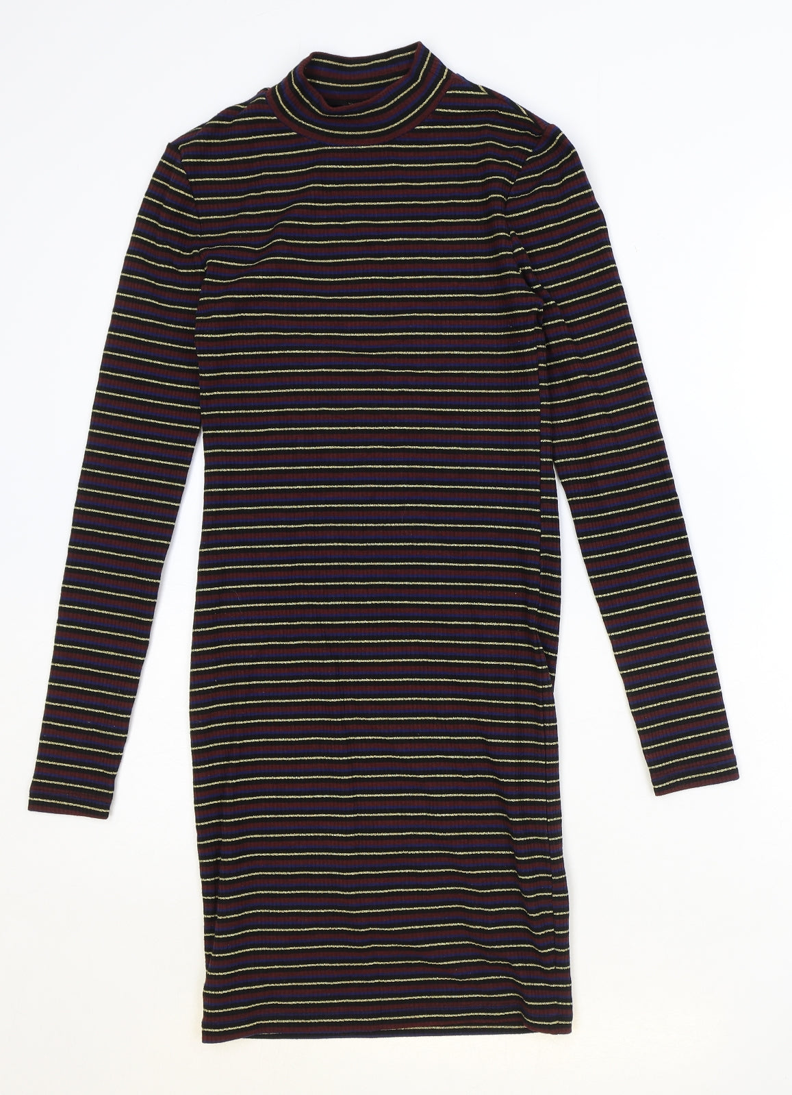 Topshop Womens Multicoloured Striped Polyester Bodycon Size 6 Mock Neck Pullover