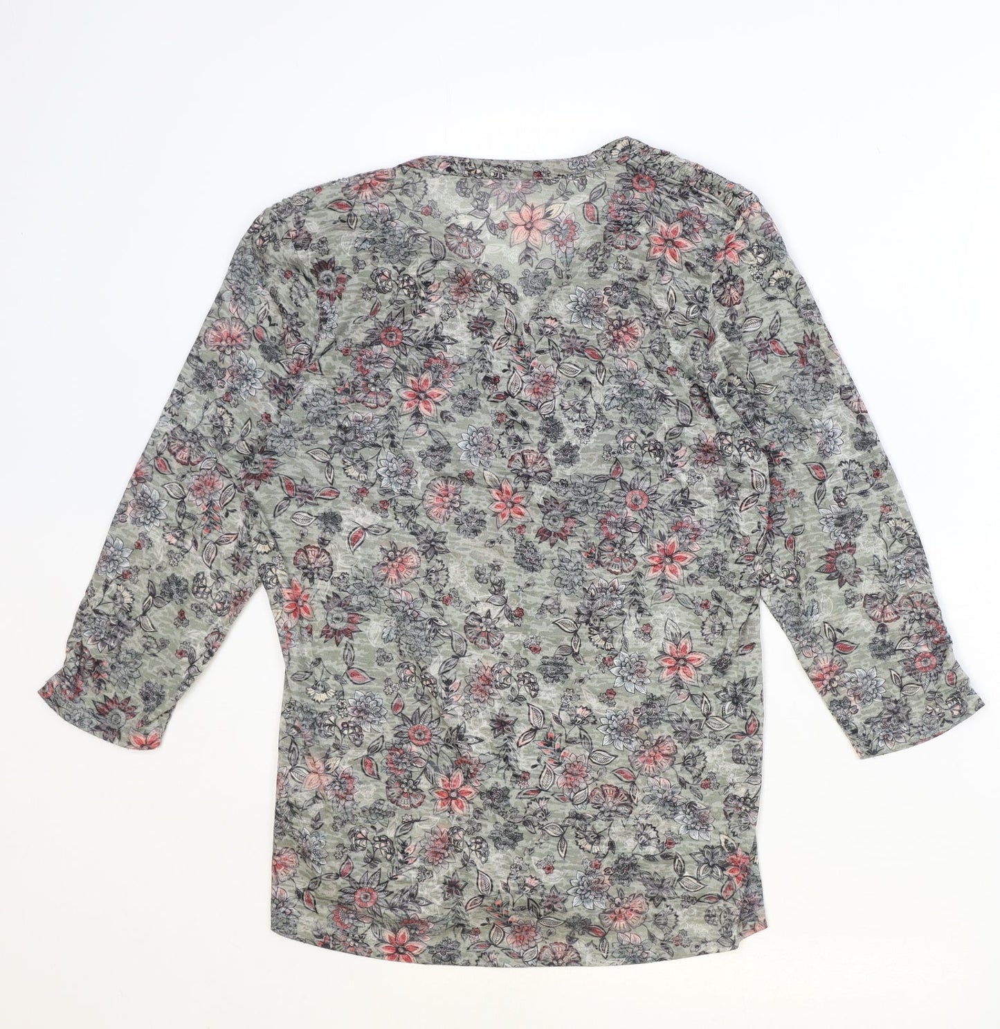 M&Co Womens Green Floral Polyester Basic Button-Up Size 12 V-Neck