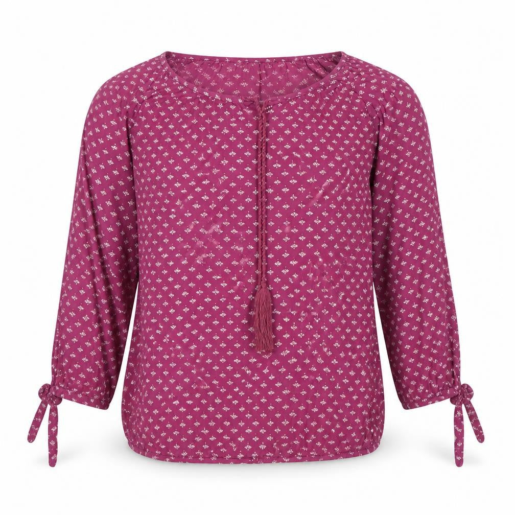 Fame Forever Womens Purple Geometric Viscose Basic Blouse Size M Round Neck