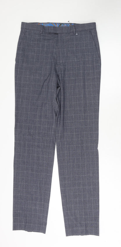 Marks & Spencer Mens Blue Check Polyester Trousers Size 30 in L33 in Regular Hook & Eye