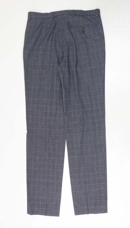 Marks & Spencer Mens Blue Check Polyester Trousers Size 30 in L33 in Regular Hook & Eye
