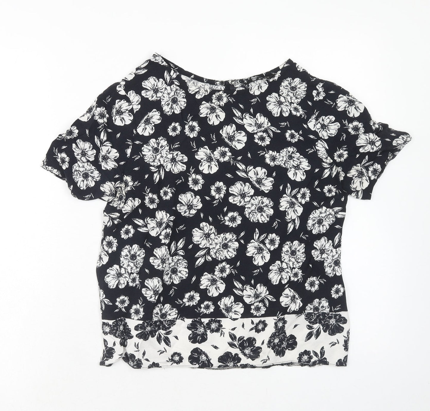New Look Womens Black Floral Viscose Basic Blouse Size 10 Round Neck