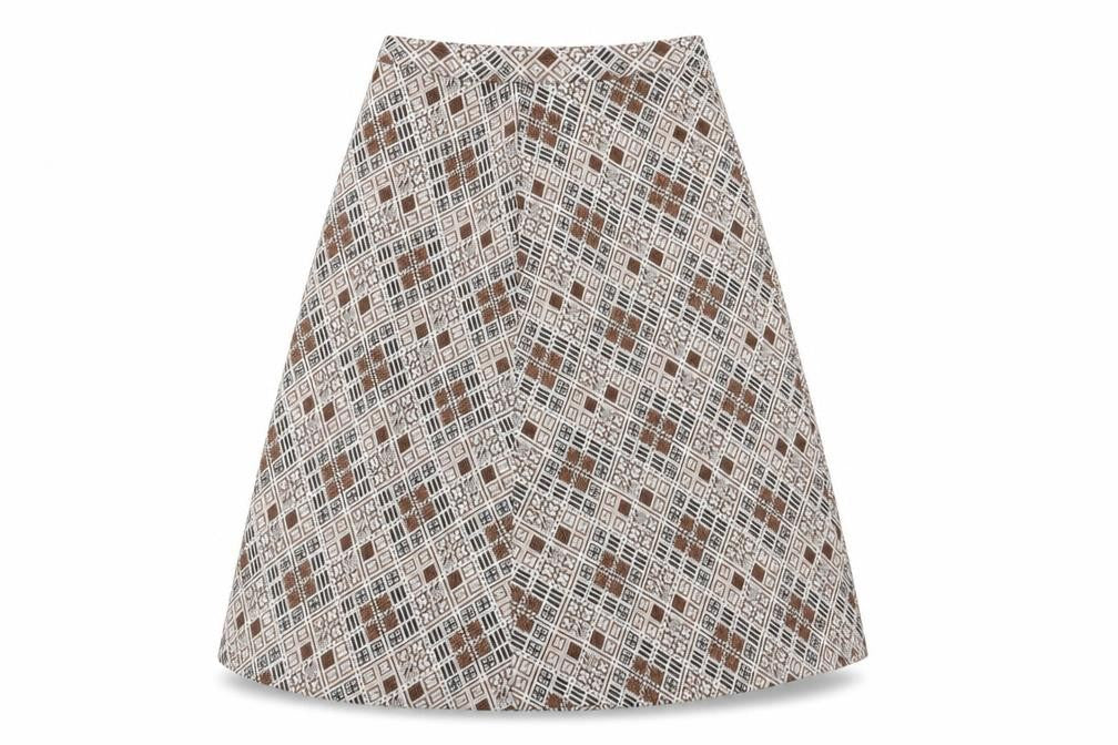 Preworn Womens Brown Geometric Acrylic A-Line Skirt Size 14 Zip