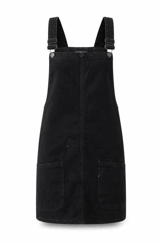 New Look Womens Black Cotton Pinafore/Dungaree Dress Size 6 Square Neck Buckle