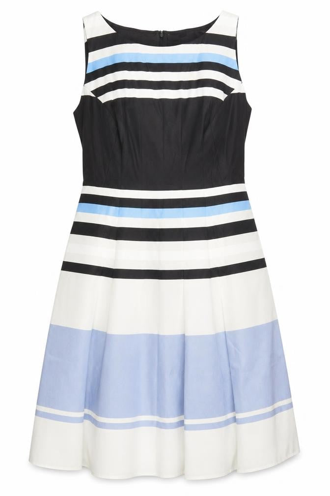 eShakti Womens Multicoloured Striped Polyester A-Line Size L Boat Neck Zip