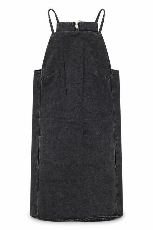 Topshop Womens Black Cotton Pinafore/Dungaree Dress Size 6 Square Neck Zip