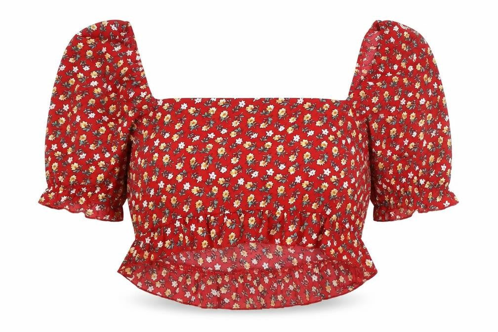 SHEIN Womens Red Floral Polyester Cropped Blouse Size 2XL Boat Neck