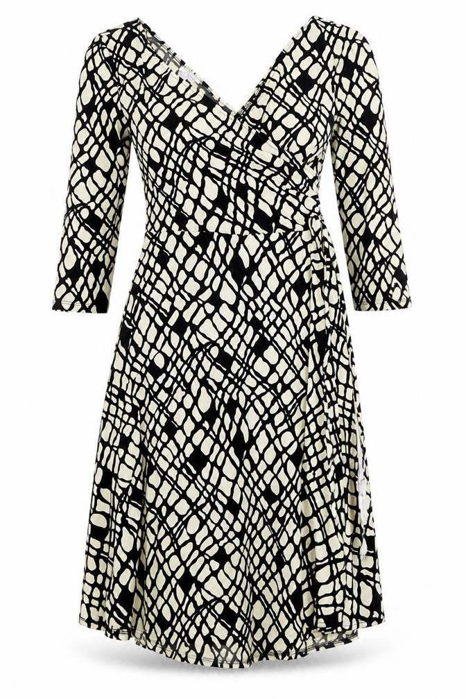London Times Womens Beige Geometric Polyester Fit & Flare Size 10 V-Neck Pullover