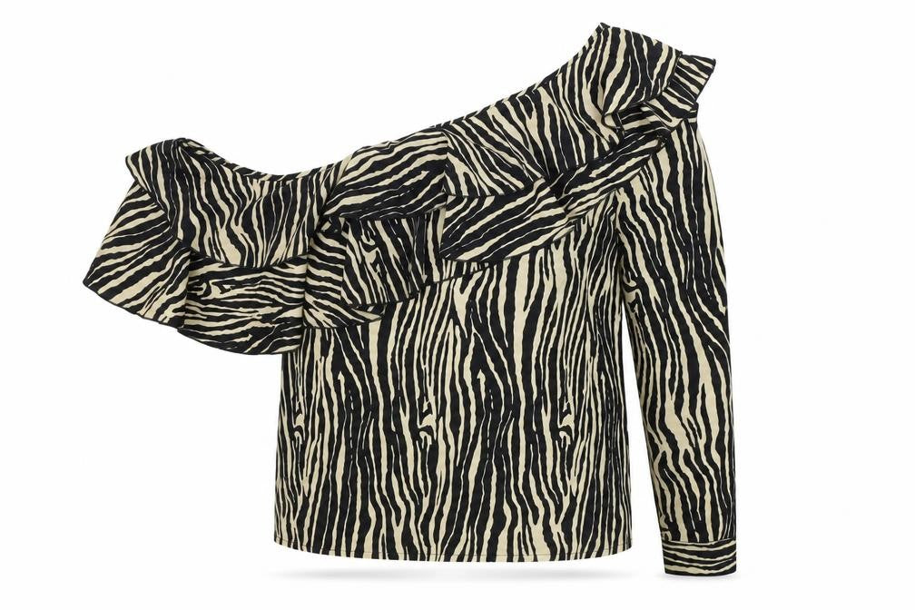 Boohoo Womens Beige Animal Print Polyester Basic Blouse Size 10 One Shoulder - Zebra Pattern