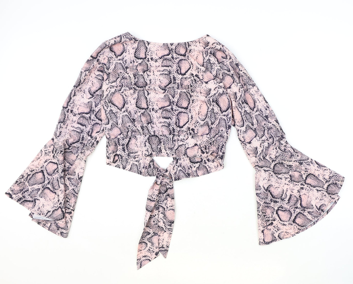 Preworn Womens Pink Animal Print Polyester Cropped Blouse Size S Round Neck - Snake Print