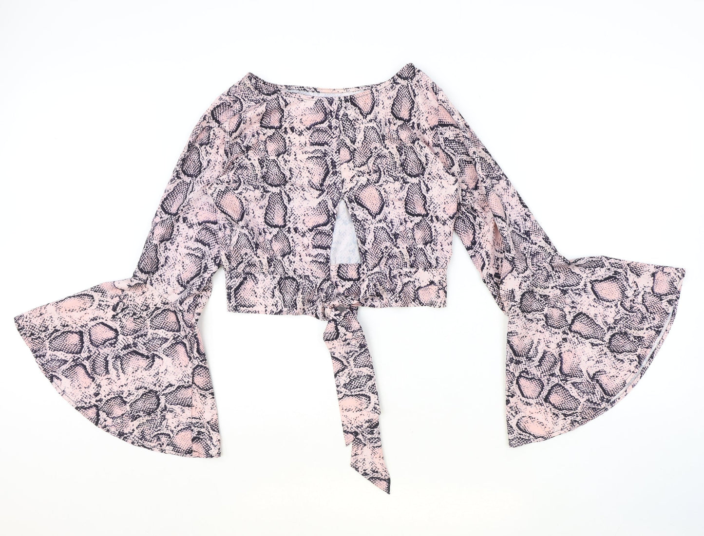 Preworn Womens Pink Animal Print Polyester Cropped Blouse Size S Round Neck - Snake Print