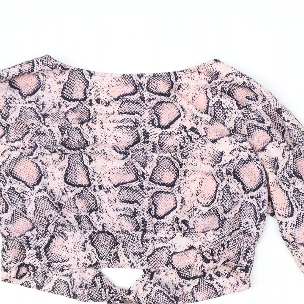Preworn Womens Pink Animal Print Polyester Cropped Blouse Size S Round Neck - Snake Print
