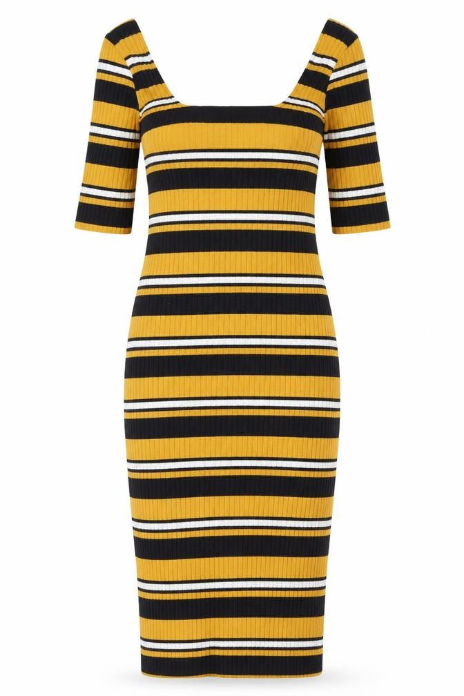 New Look Womens Yellow Striped Polyester Pencil Dress Size 10 Square Neck Pullover