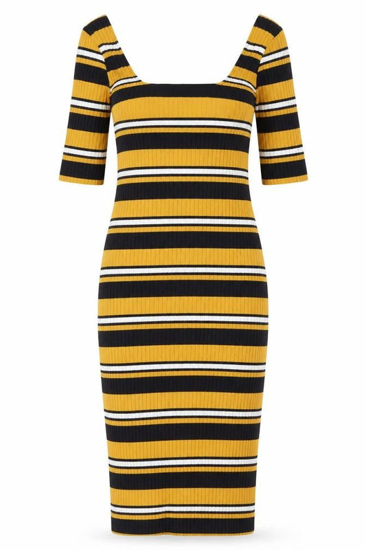 New Look Womens Yellow Striped Polyester Pencil Dress Size 10 Square Neck Pullover