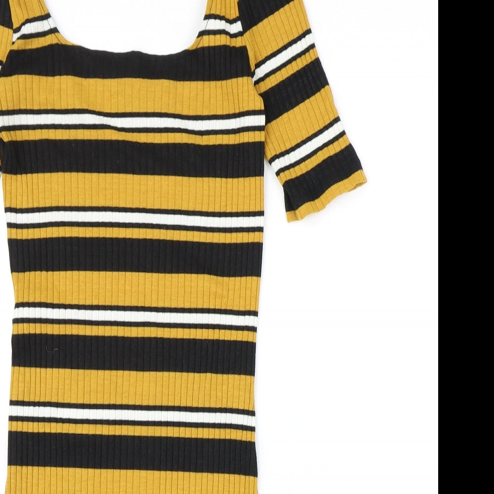 New Look Womens Yellow Striped Polyester Pencil Dress Size 10 Square Neck Pullover