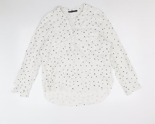 Marks and Spencer Womens White Geometric Viscose Basic Button-Up Size 14 V-Neck