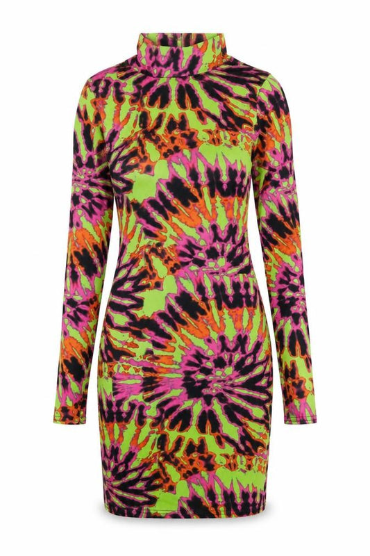 PRETTYLITTLETHING Womens Multicoloured Geometric Viscose Bodycon Size 6 Mock Neck Pullover