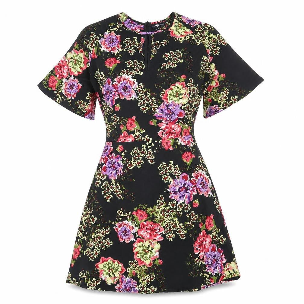 Daisy Street Womens Black Floral Polyester A-Line Size 8 Scoop Neck Zip - Angel Sleeve